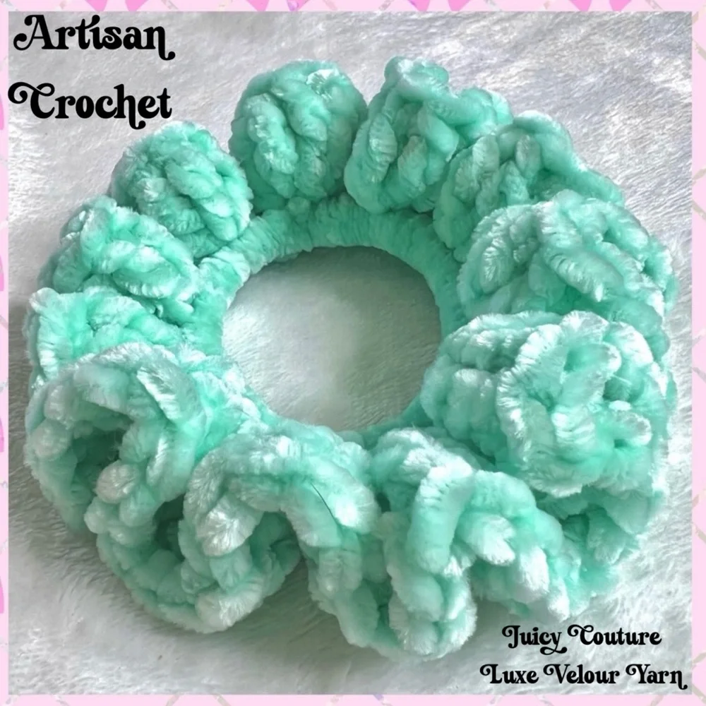 Handmade VELVET Crochet Hair Scrunchie Mint Green Soft Hair Tie PinkRainCloud